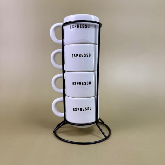 Stacking Espresso Cup Set with Stand | Modern White Ceramic Mugs - Picture 2 of 10